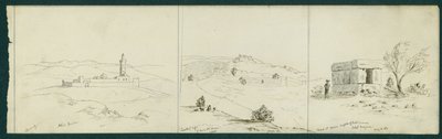 LtoR: Nebi Musa, Castle of Safet and Tomb of Kalata by Claude Conder